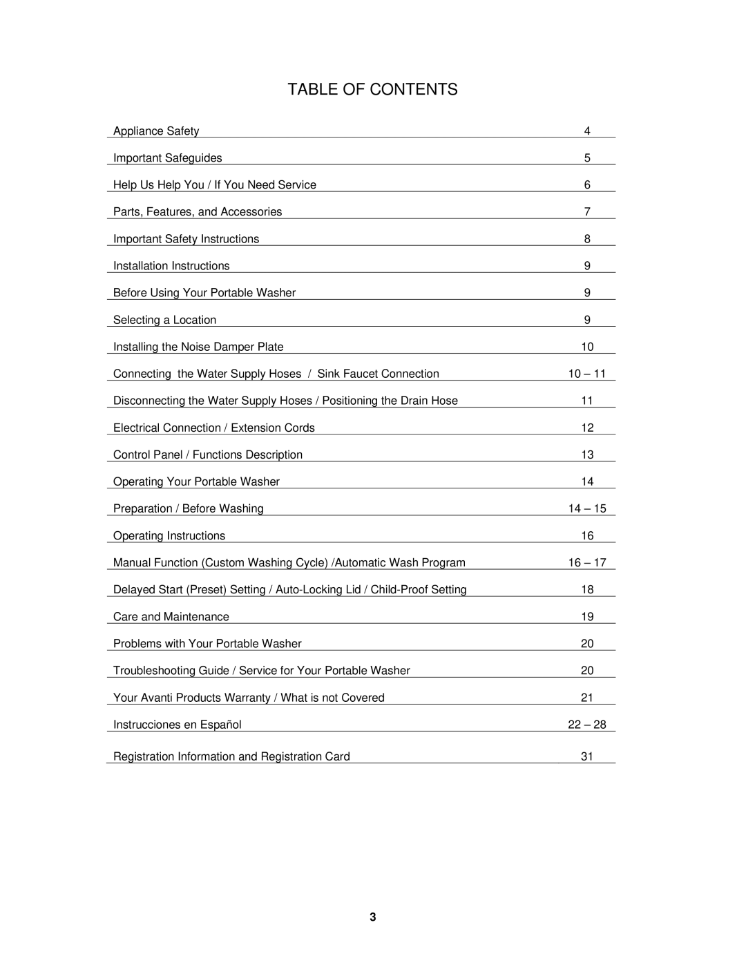 Avanti W712PS, W711 instruction manual Table of Contents 