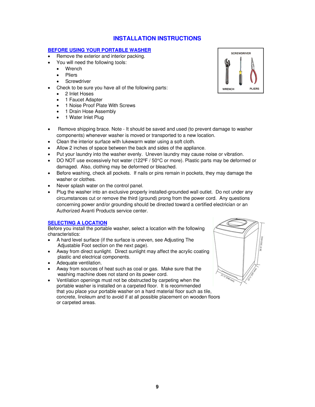 Avanti W712PS, W711 instruction manual Before Using Your Portable Washer, Selecting a Location 