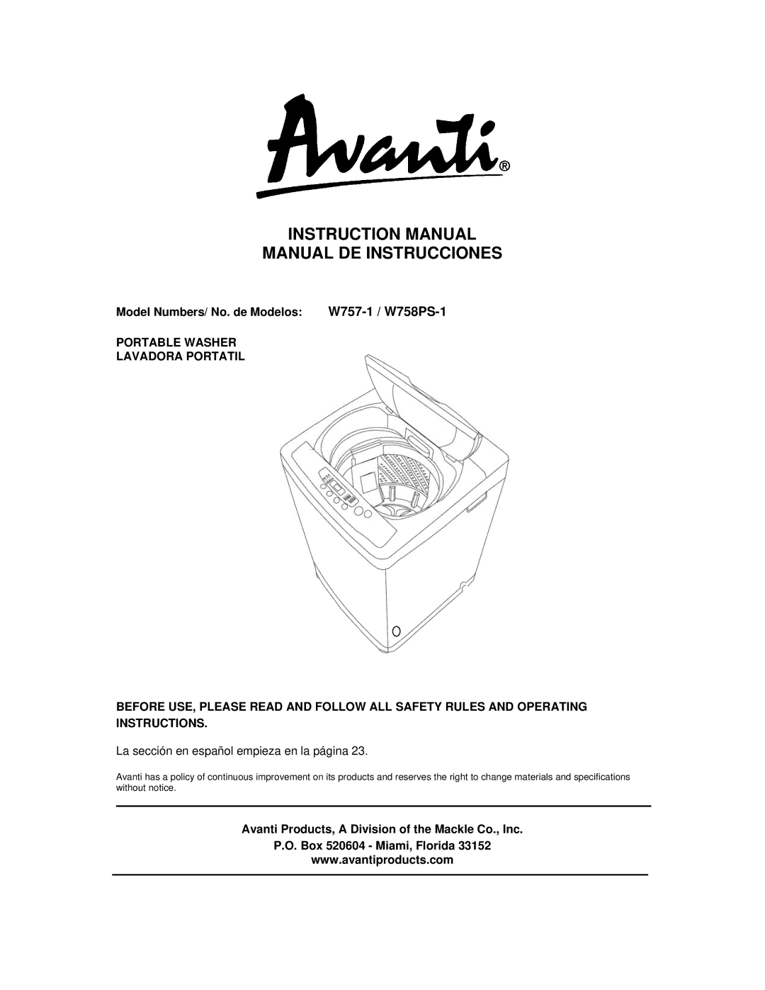 Avanti instruction manual Manual DE Instrucciones, Model Numbers/ No. de Modelos W757-1 / W758PS-1 