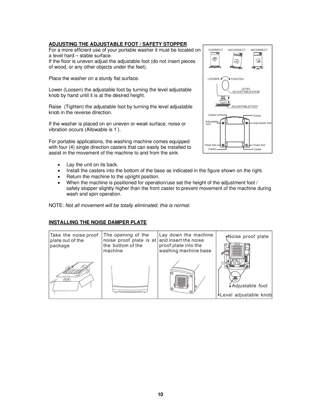 Avanti W758PS-1, W757-1 instruction manual Adjusting the Adjustable Foot / Safety Stopper, Installing the Noise Damper Plate 