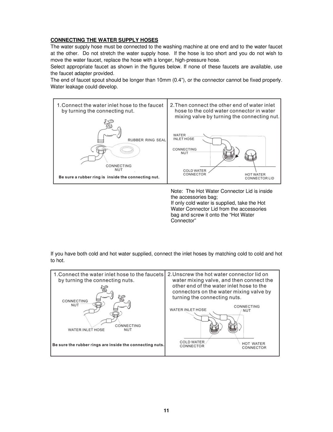 Avanti W757-1, W758PS-1 instruction manual Connecting the Water Supply Hoses 