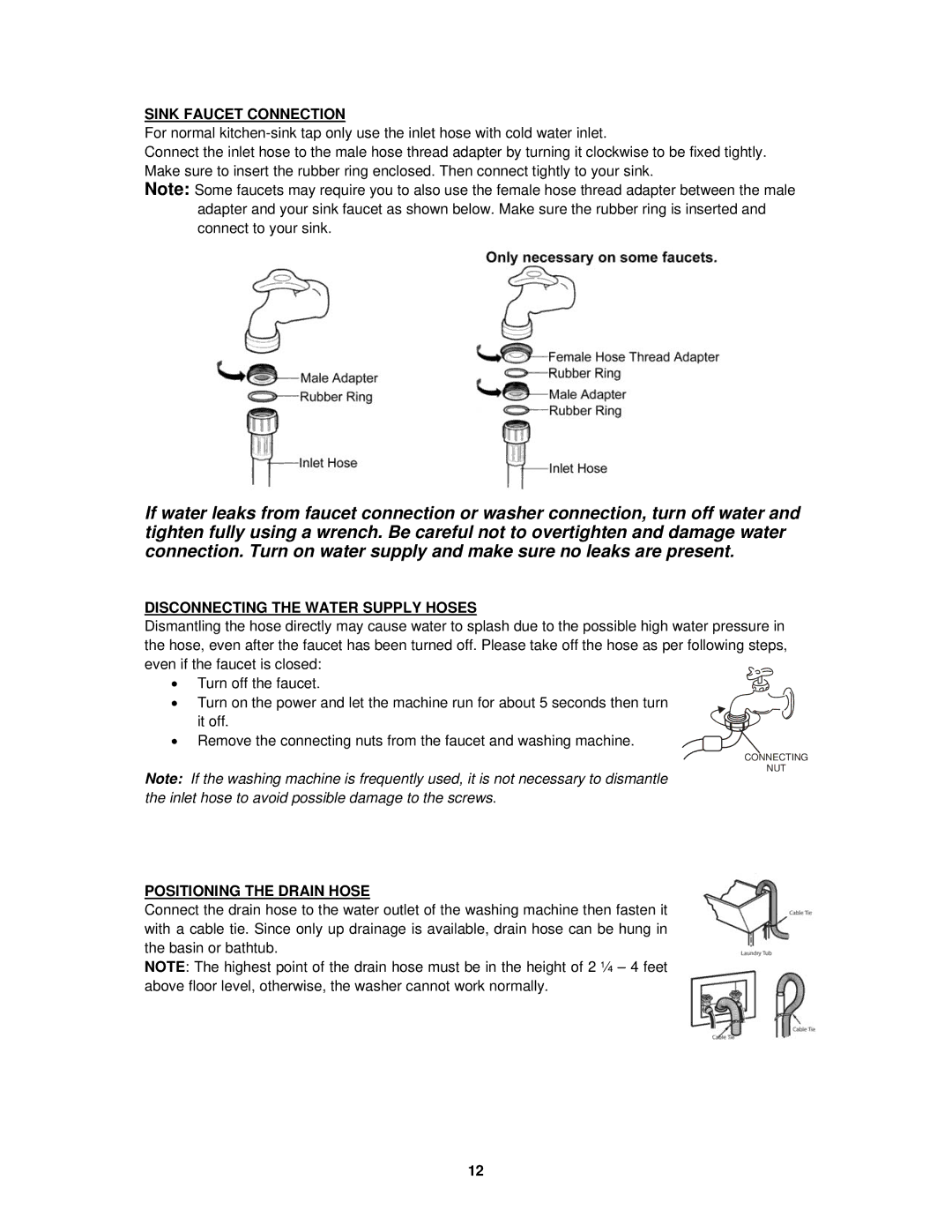 Avanti W758PS-1, W757-1 Sink Faucet Connection, Disconnecting the Water Supply Hoses, Positioning the Drain Hose 