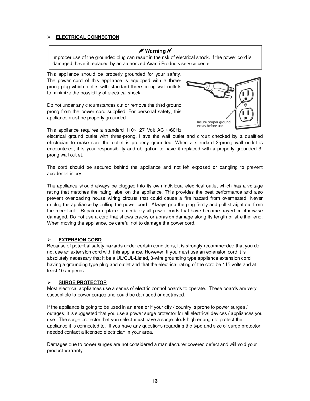 Avanti W757-1, W758PS-1 instruction manual  Electrical Connection,  Extension Cord,  Surge Protector 