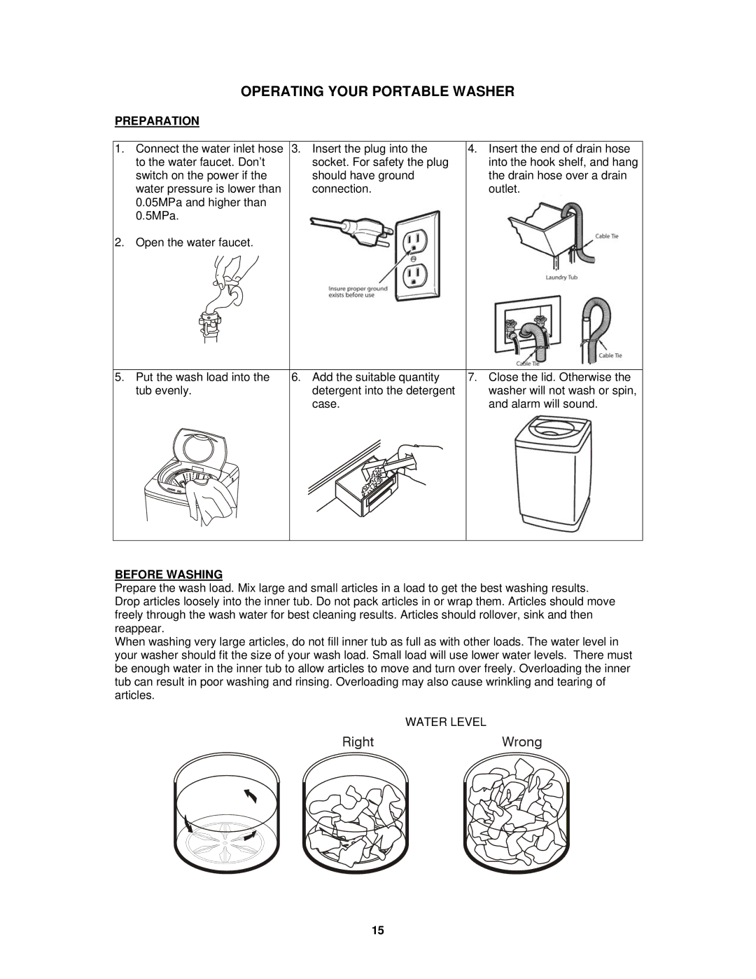 Avanti W757-1, W758PS-1 instruction manual Operating Your Portable Washer, Preparation, Before Washing 