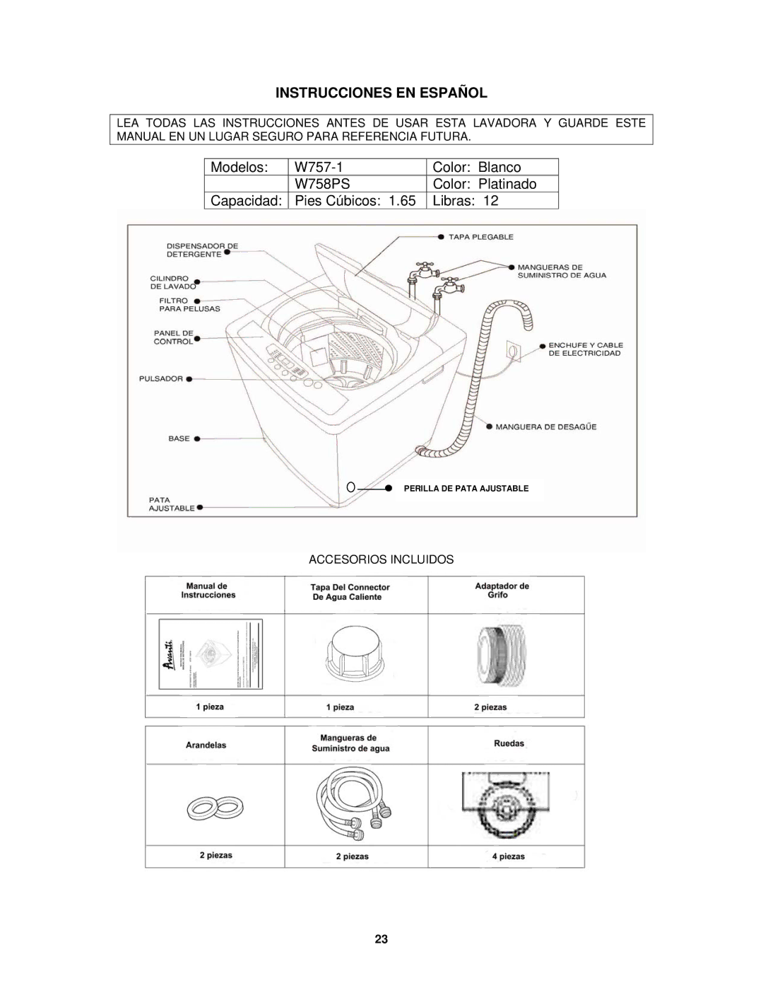 Avanti W757-1, W758PS-1 instruction manual Instrucciones EN Español 