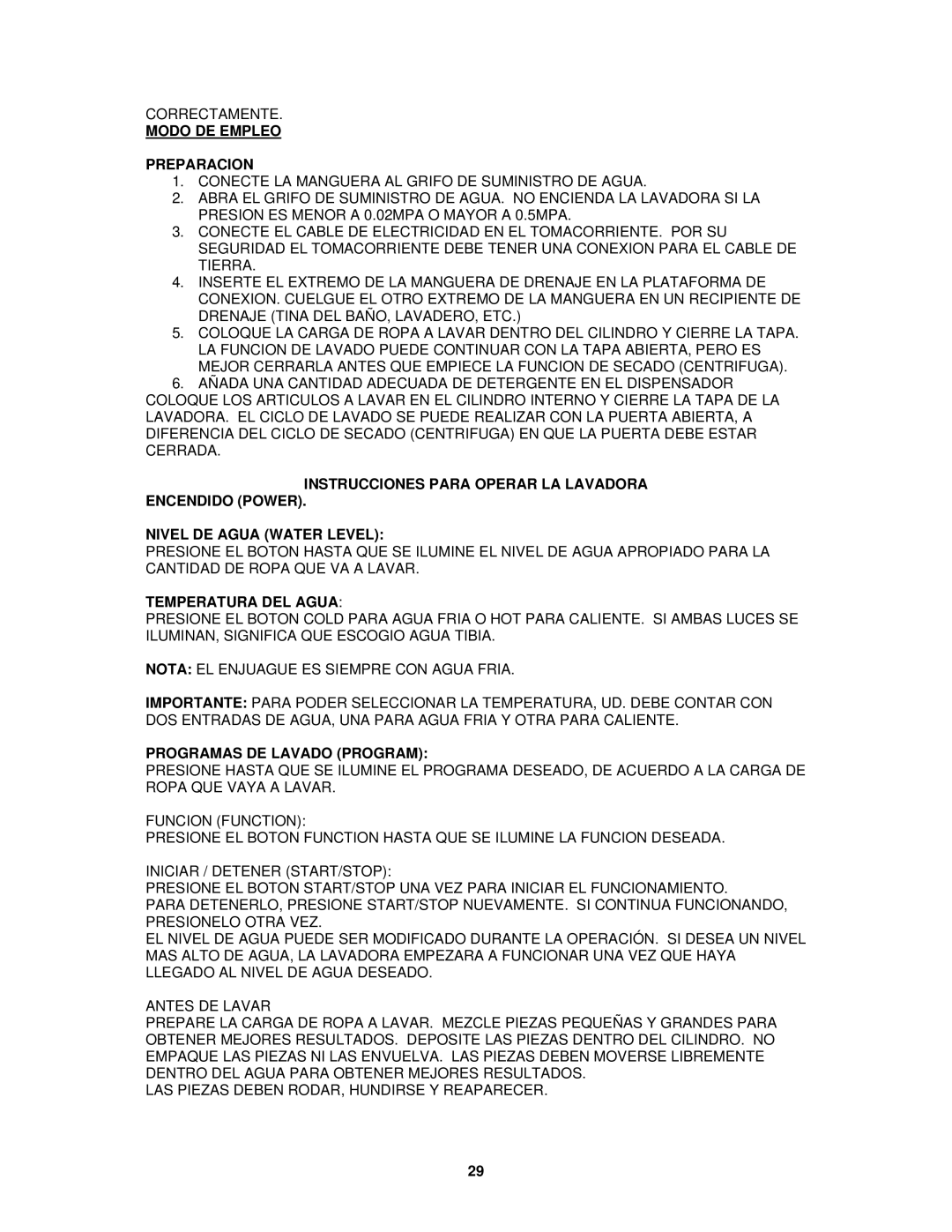 Avanti W757-1, W758PS-1 instruction manual Modo DE Empleo Preparacion, Temperatura DEL Agua, Programas DE Lavado Program 