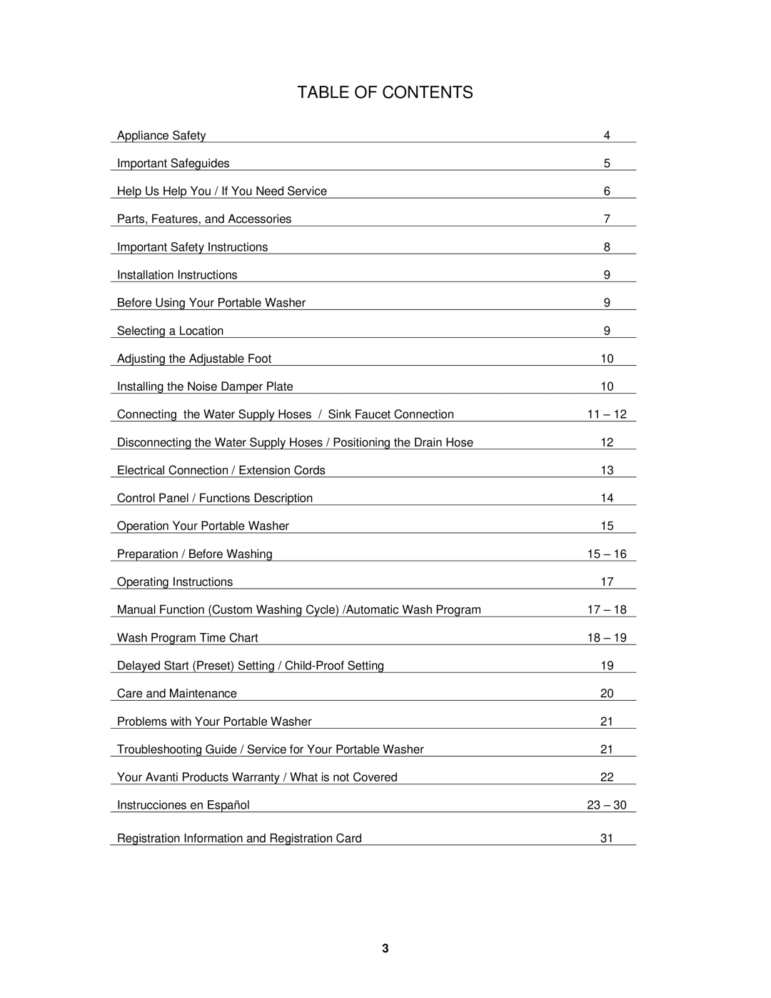 Avanti W757-1, W758PS-1 instruction manual Table of Contents 