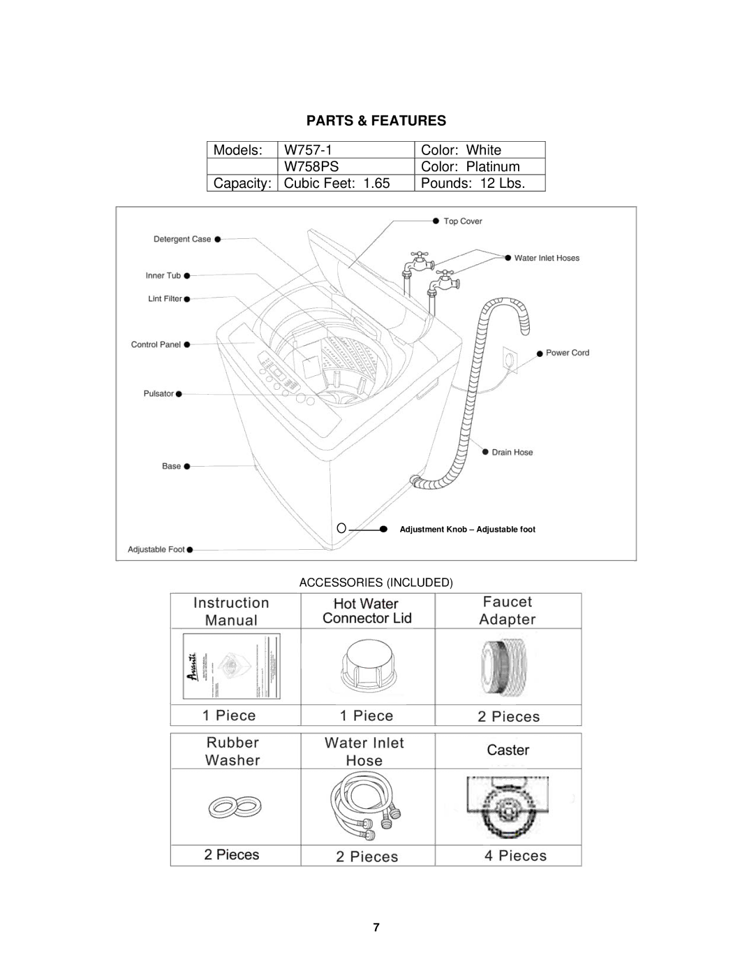 Avanti W757-1, W758PS-1 instruction manual Parts & Features 