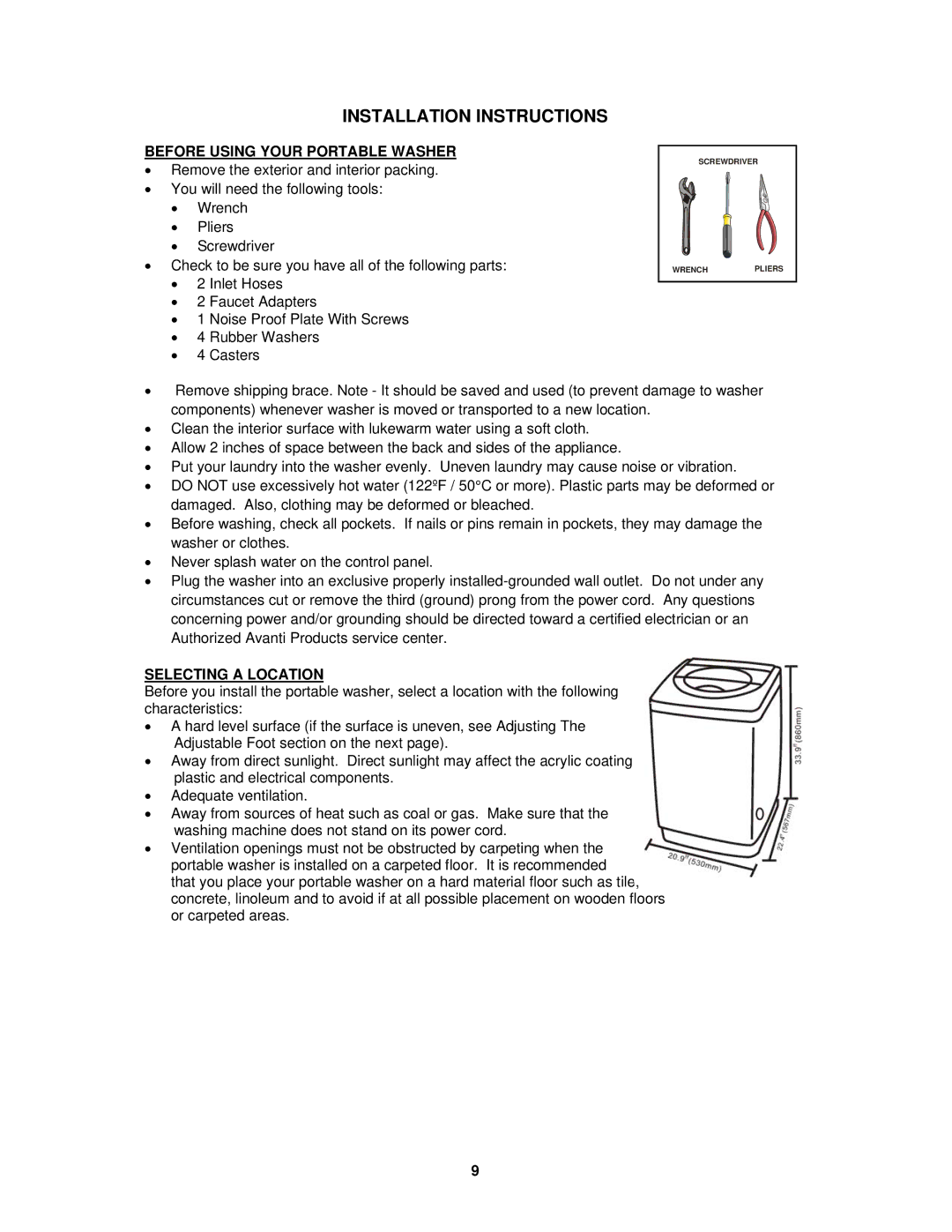 Avanti W757-1, W758PS-1 Installation Instructions, Before Using Your Portable Washer, Selecting a Location 