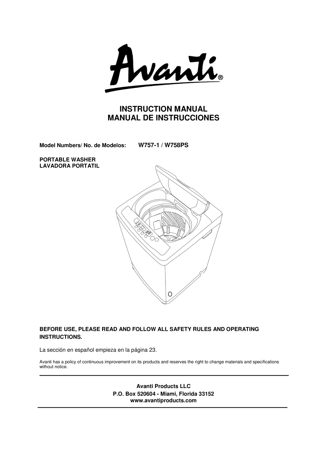 Avanti W757-1, W758PS instruction manual Model Numbers/ No. de Modelos, Avanti Products LLC Box 520604 Miami, Florida 