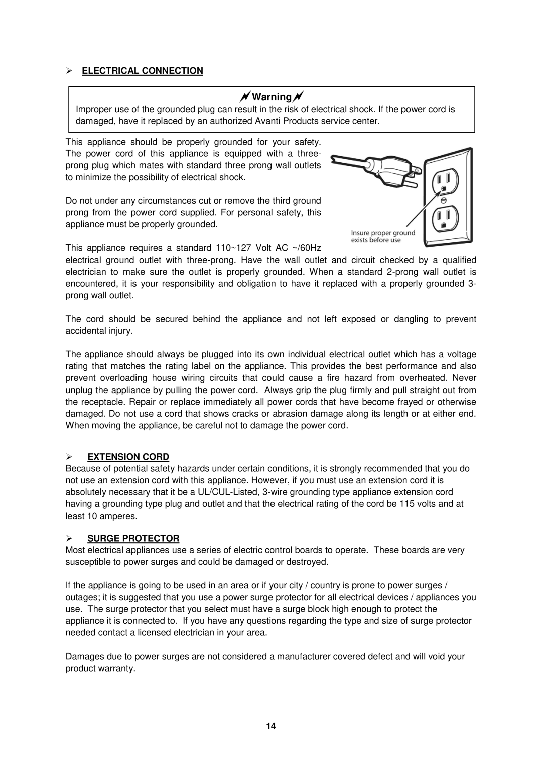 Avanti W758PS, W757-1 instruction manual  Electrical Connection,  Extension Cord,  Surge Protector 