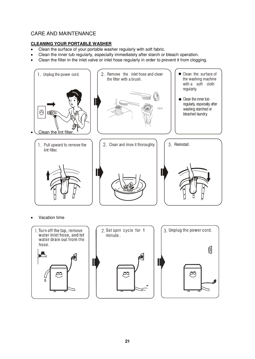 Avanti W757-1, W758PS instruction manual Care and Maintenance, Cleaning Your Portable Washer 