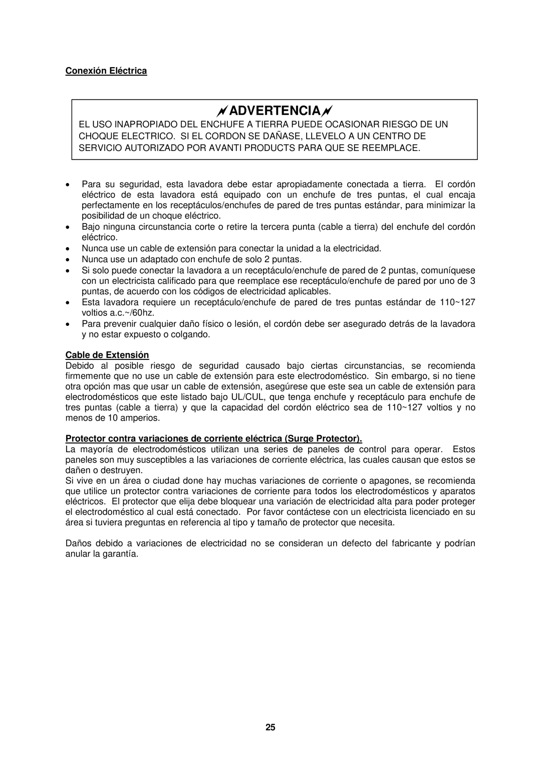 Avanti W757-1, W758PS instruction manual Conexión Eléctrica, Cable de Extensión 