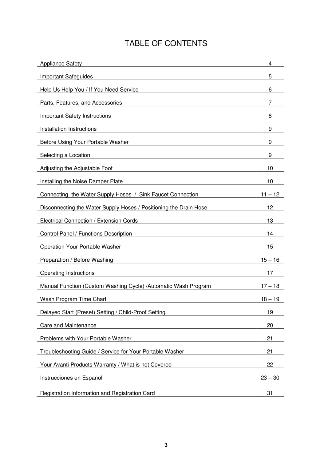 Avanti W757-1, W758PS instruction manual Table of Contents 