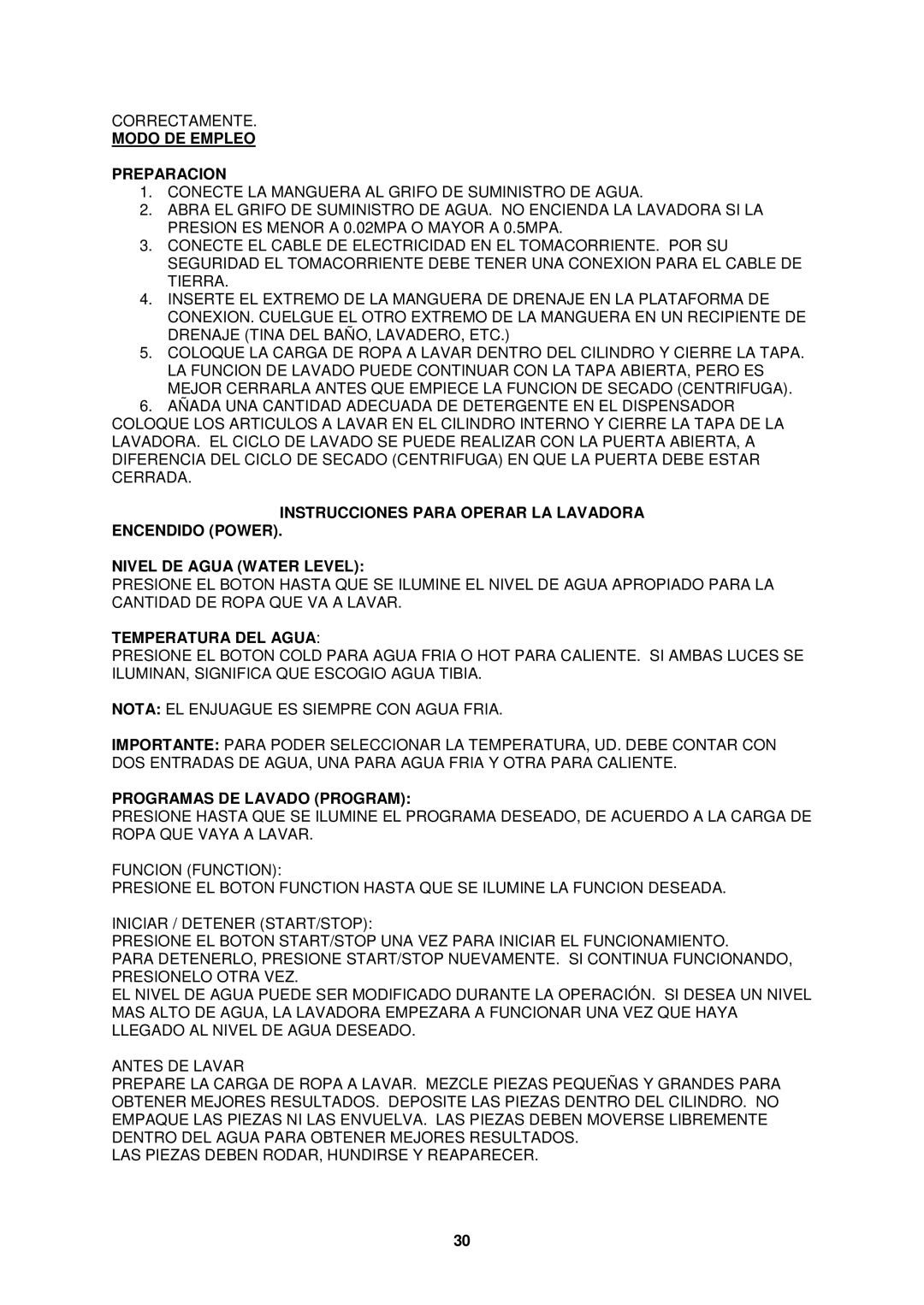 Avanti W758PS, W757-1 instruction manual Modo DE Empleo Preparacion, Temperatura DEL Agua, Programas DE Lavado Program 