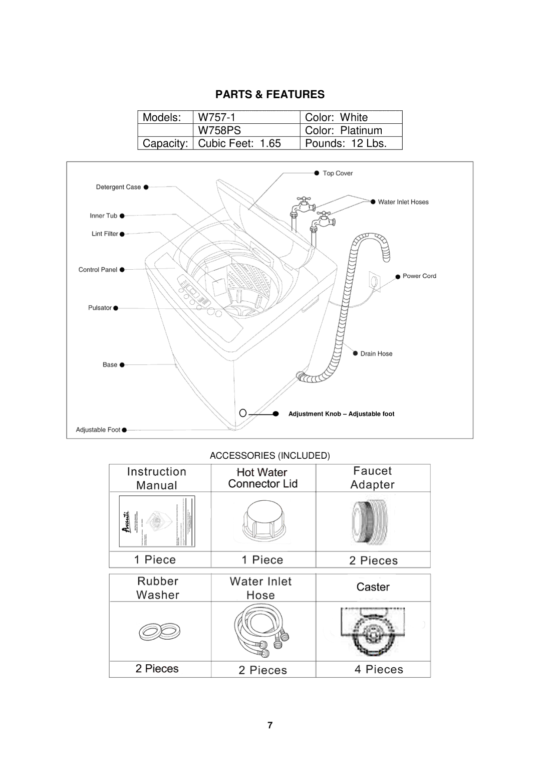 Avanti W757-1, W758PS instruction manual Parts & Features 