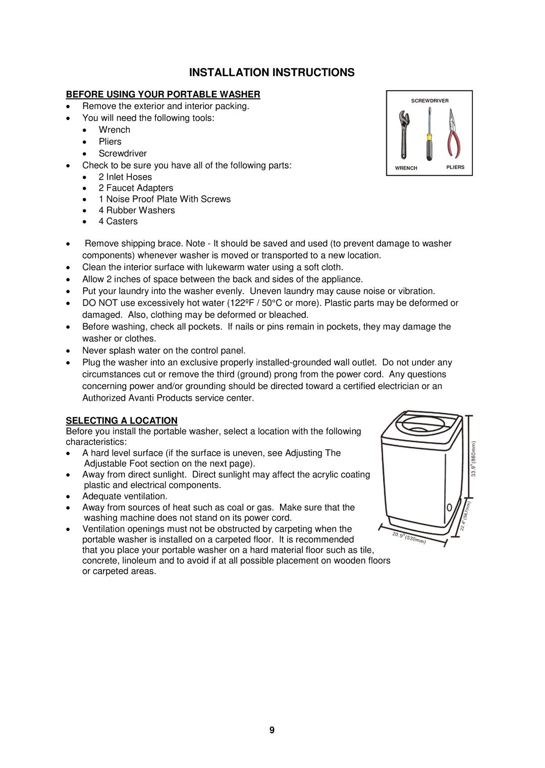 Avanti W757-1, W758PS instruction manual Installation Instructions, Before Using Your Portable Washer, Selecting a Location 