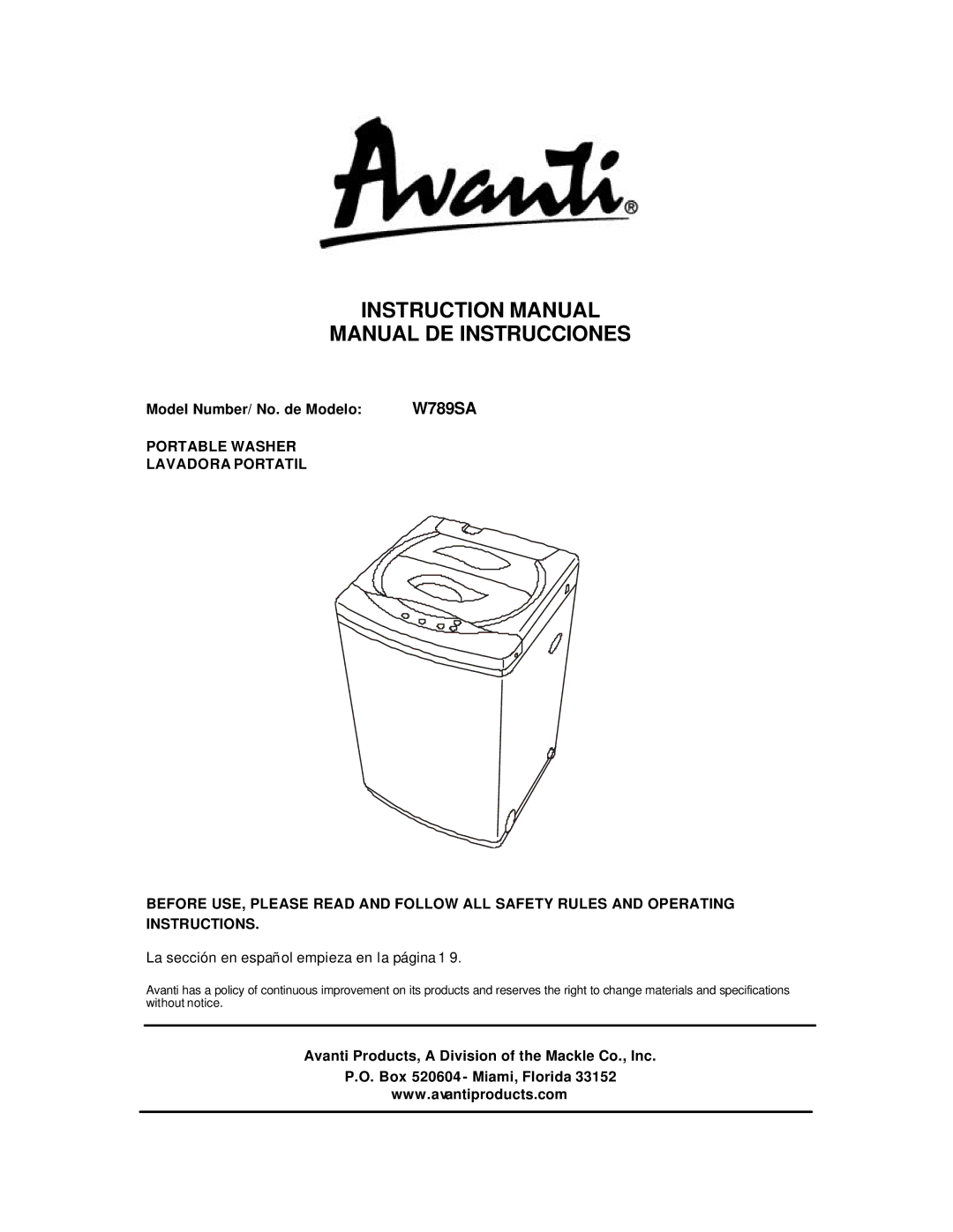 Avanti W789SA instruction manual Manual DE Instrucciones 