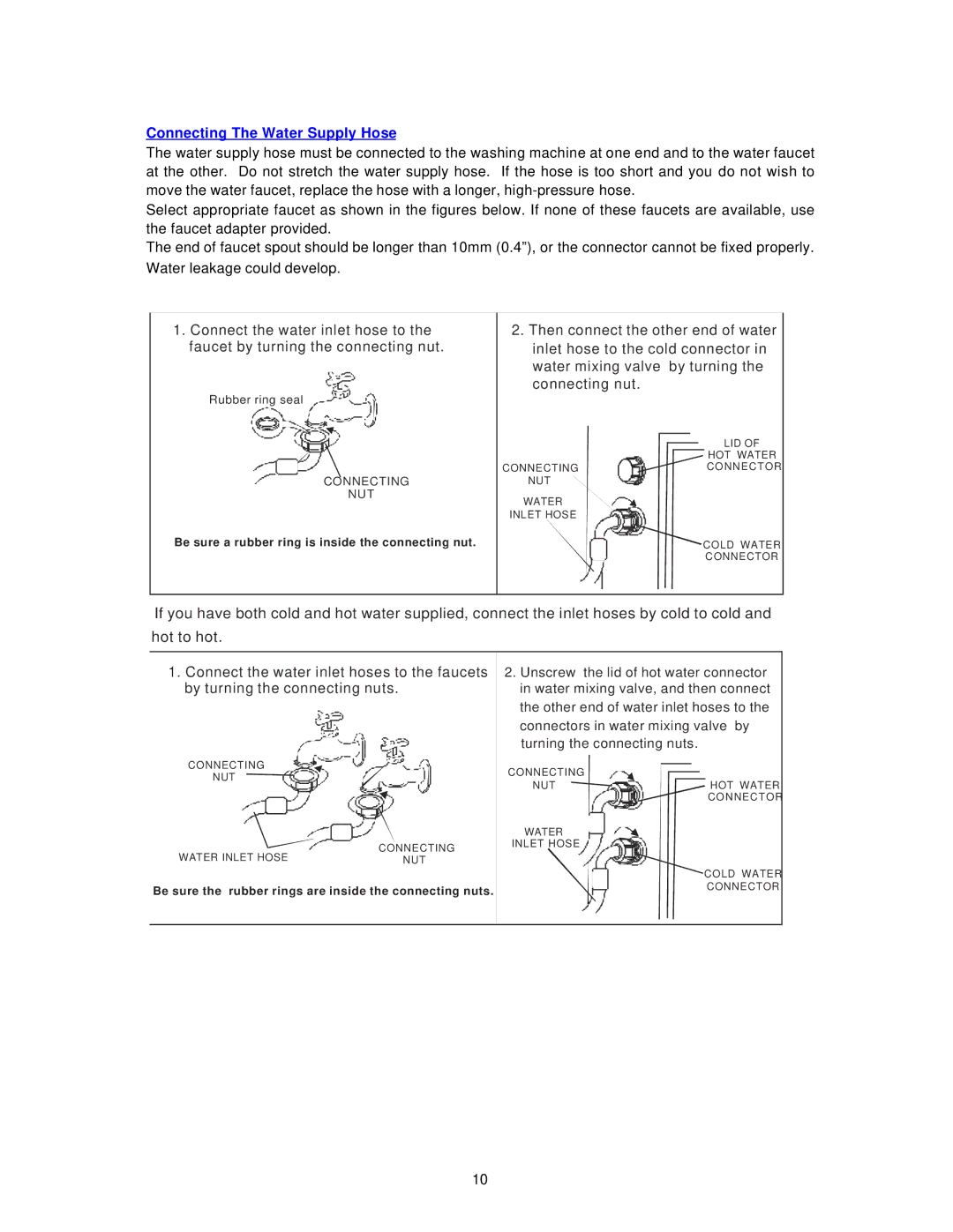 Avanti W789SA instruction manual Connecting The Water Supply Hose 