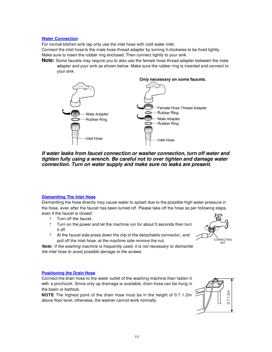 Avanti W789SA instruction manual Water Connection, Dismantling The Inlet Hose, Positioning the Drain Hose 