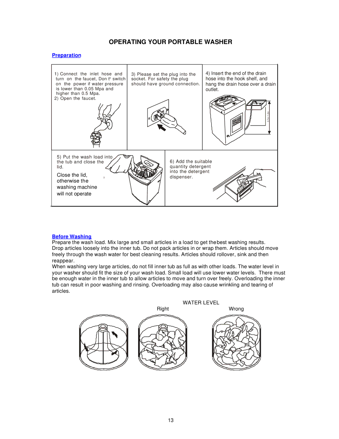 Avanti W789SA instruction manual Operating Your Portable Washer, Preparation, Before Washing 