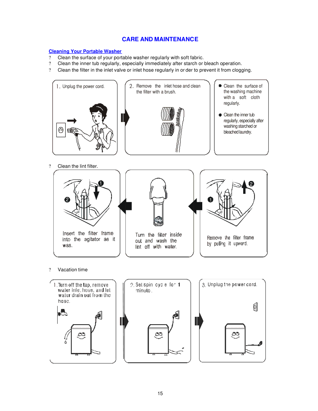 Avanti W789SA instruction manual Care and Maintenance, Cleaning Your Portable Washer 