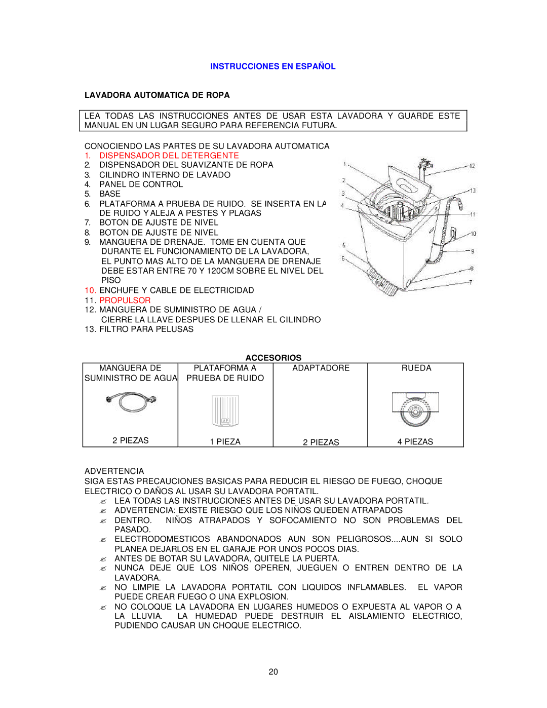 Avanti W789SA instruction manual Instrucciones EN Español, Lavadora Automatica DE Ropa, Accesorios 