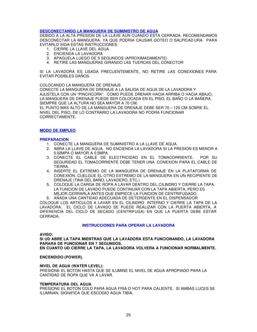 Avanti W789SA Desconectando LA Manguera DE Suministro DE Agua, Modo DE Empleo Preparacion, Temperatura DEL Agua 