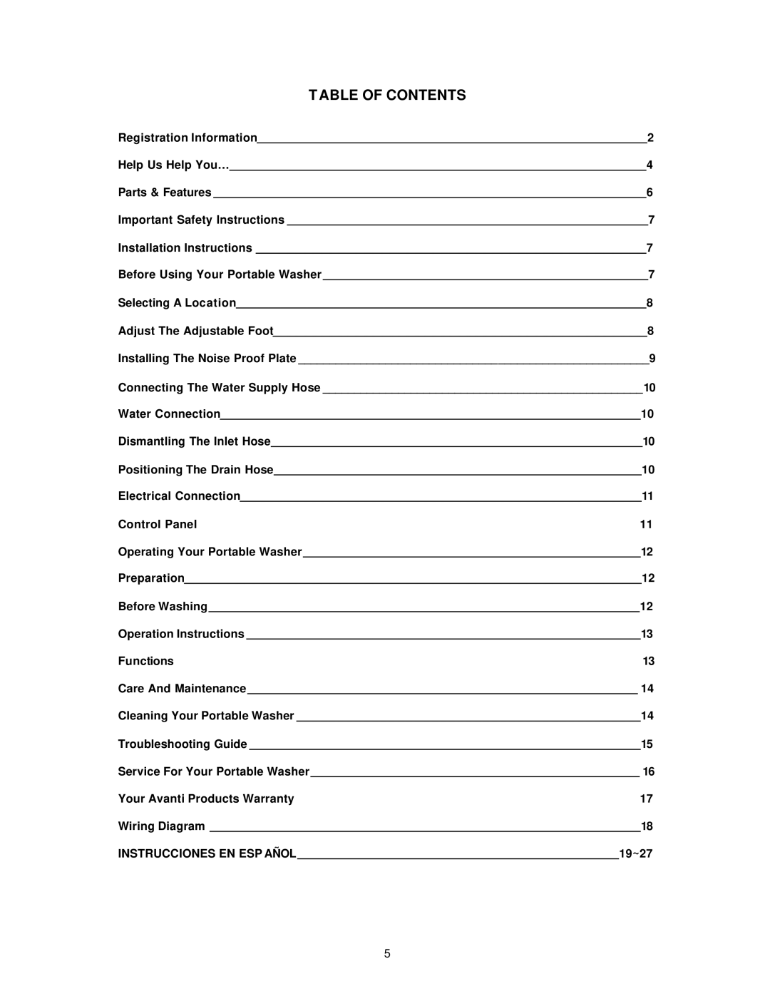 Avanti W789SA instruction manual Table of Contents 