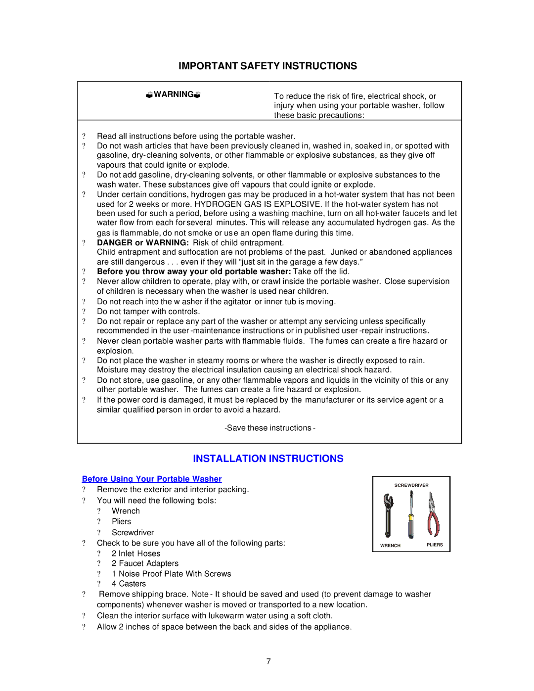 Avanti W789SA Important Safety Instructions, Installation Instructions, ?Warning ?, Before Using Your Portable Washer 