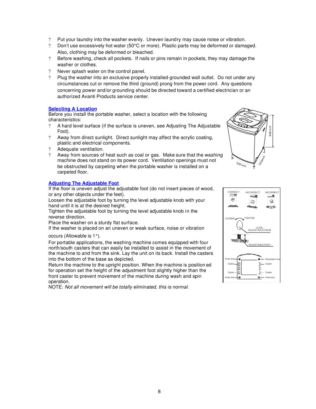 Avanti W789SA instruction manual Selecting a Location, Adjusting The Adjustable Foot 