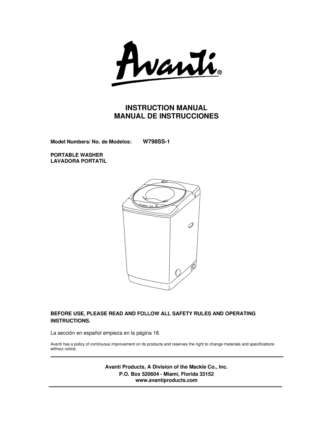 Avanti W798SS-1 instruction manual Manual DE Instrucciones 