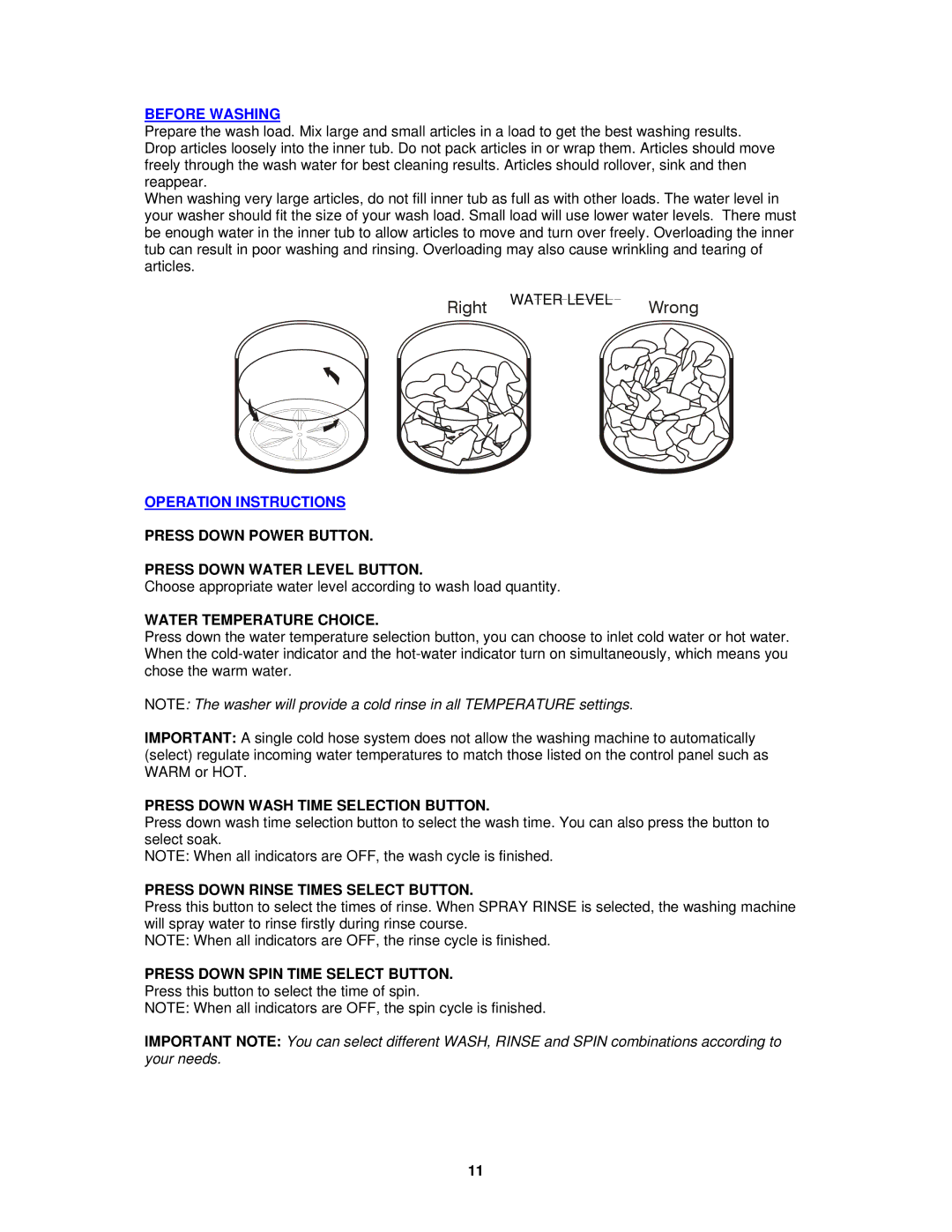 Avanti W798SS-1 instruction manual Before Washing, Operation Instructions 