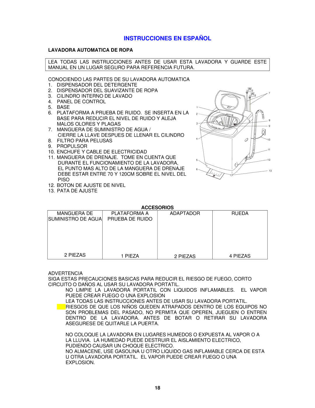 Avanti W798SS-1 instruction manual Lavadora Automatica DE Ropa, Accesorios 