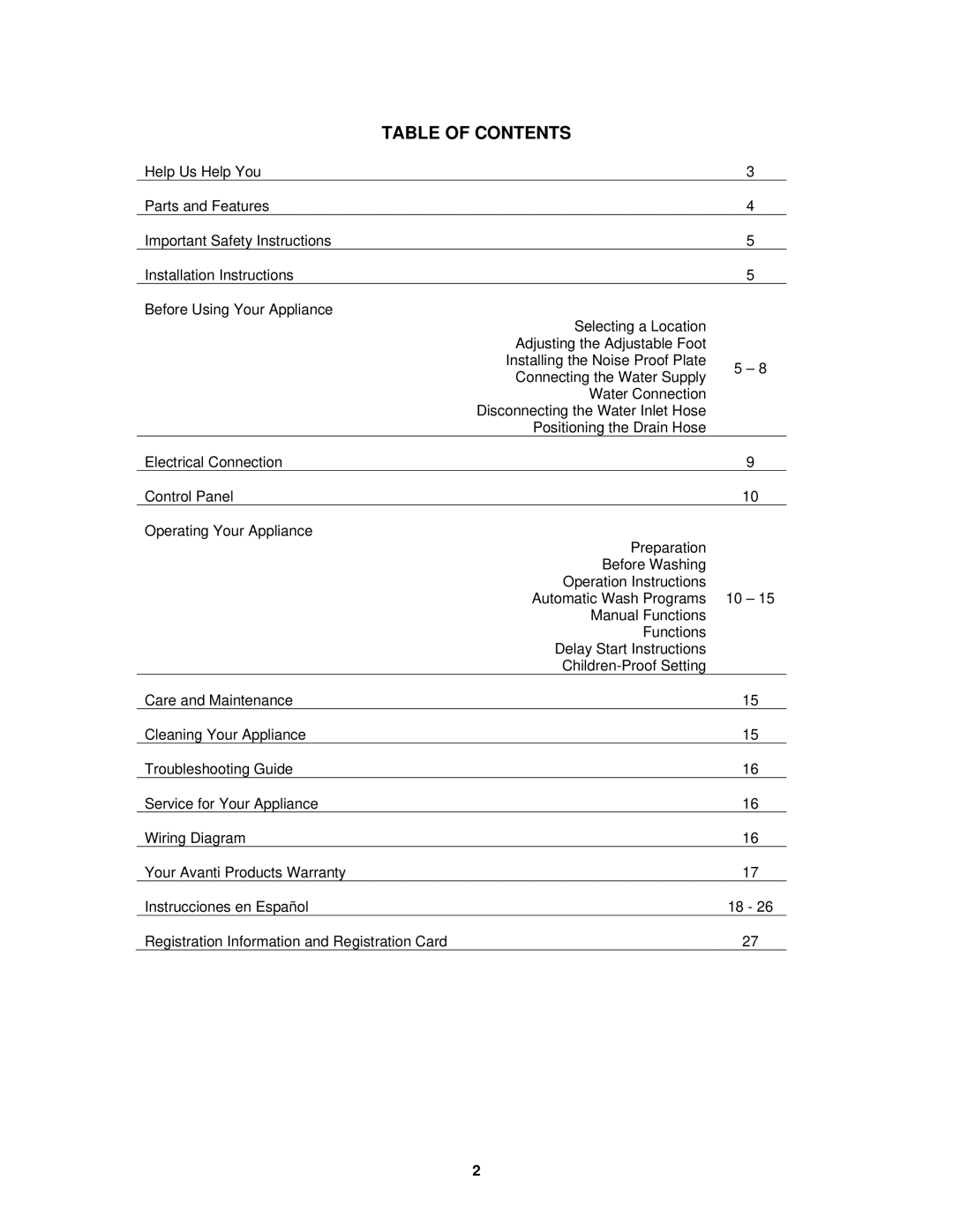 Avanti W798SS-1 instruction manual Table of Contents 