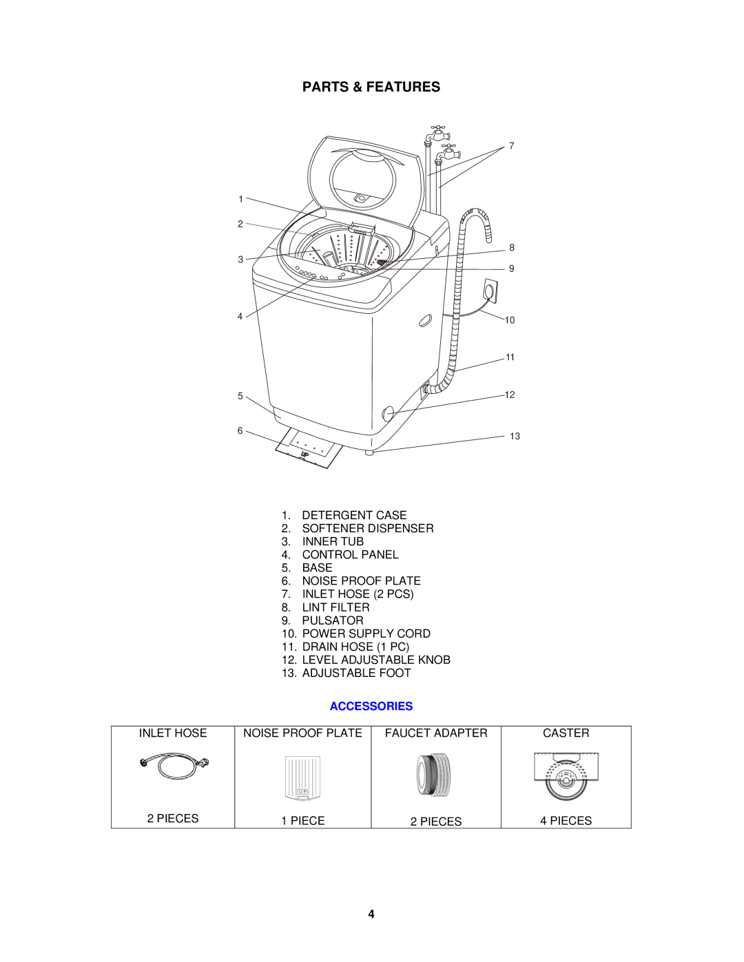 Avanti W798SS-1 instruction manual Parts & Features, Accessories 