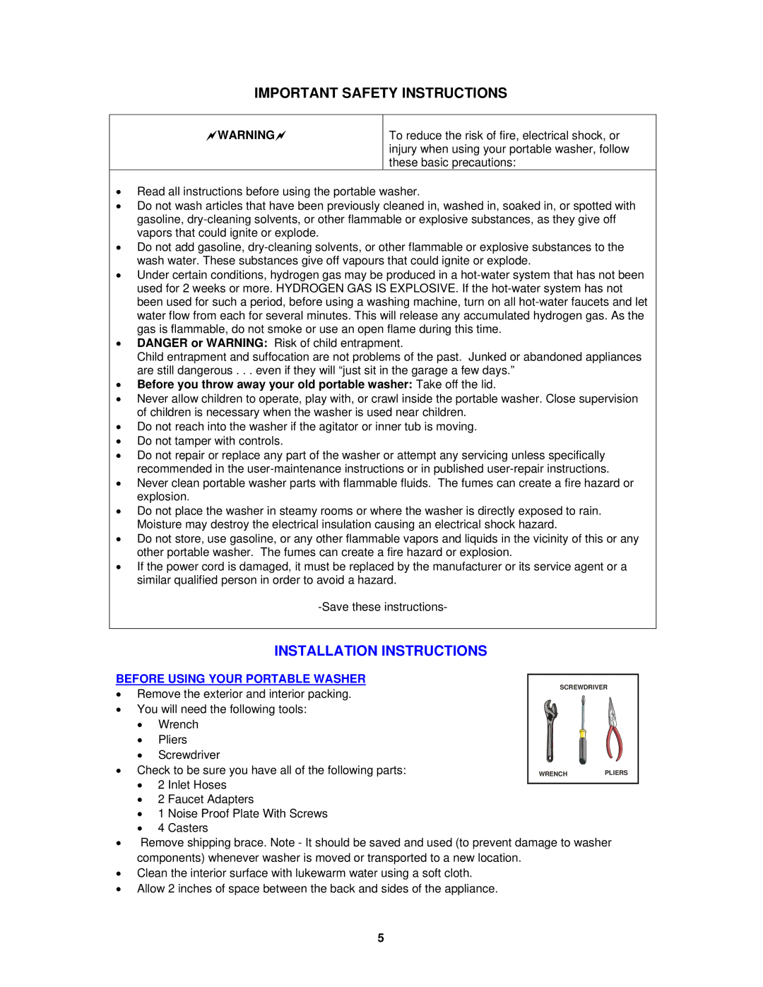 Avanti W798SS-1 instruction manual Important Safety Instructions, Warning, Before Using Your Portable Washer 