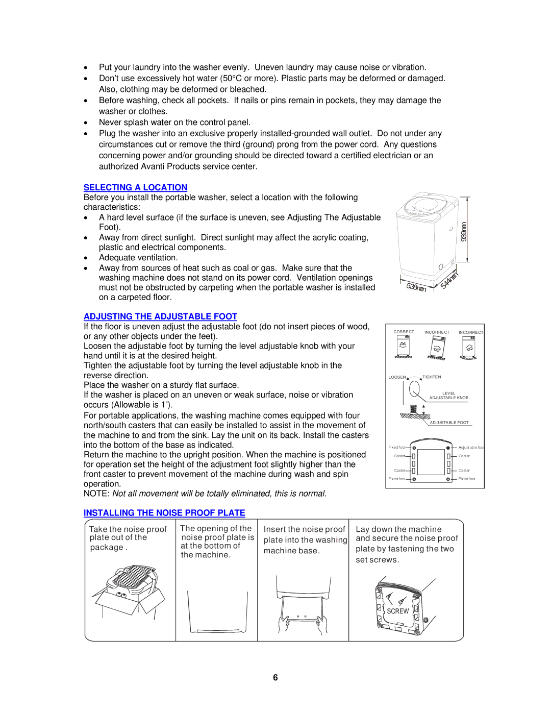 Avanti W798SS-1 instruction manual Selecting a Location, Adjusting the Adjustable Foot, Installing the Noise Proof Plate 