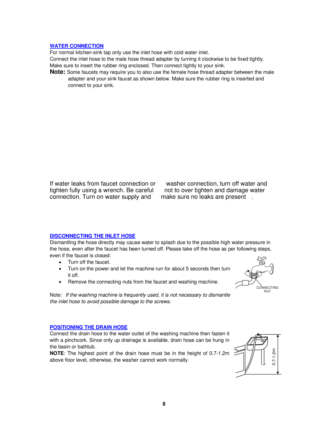 Avanti W798SS-1 instruction manual Water Connection, Disconnecting the Inlet Hose, Positioning the Drain Hose 