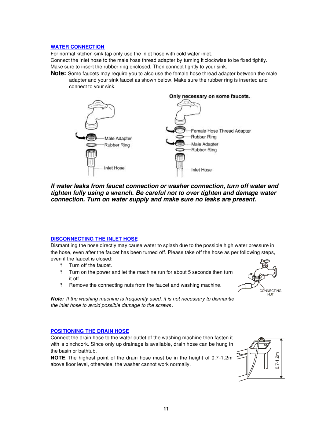 Avanti W797, W798SS instruction manual Water Connection, Disconnecting the Inlet Hose, Positioning the Drain Hose 