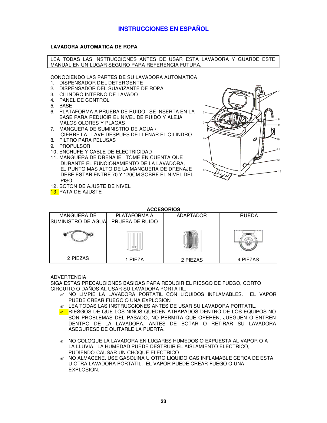 Avanti W797, W798SS instruction manual Instrucciones EN Español, Lavadora Automatica DE Ropa, Accesorios 