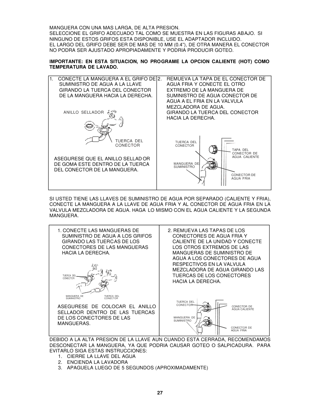 Avanti W797, W798SS instruction manual Desconectando LA Manguera DE Suministro DE Agua 