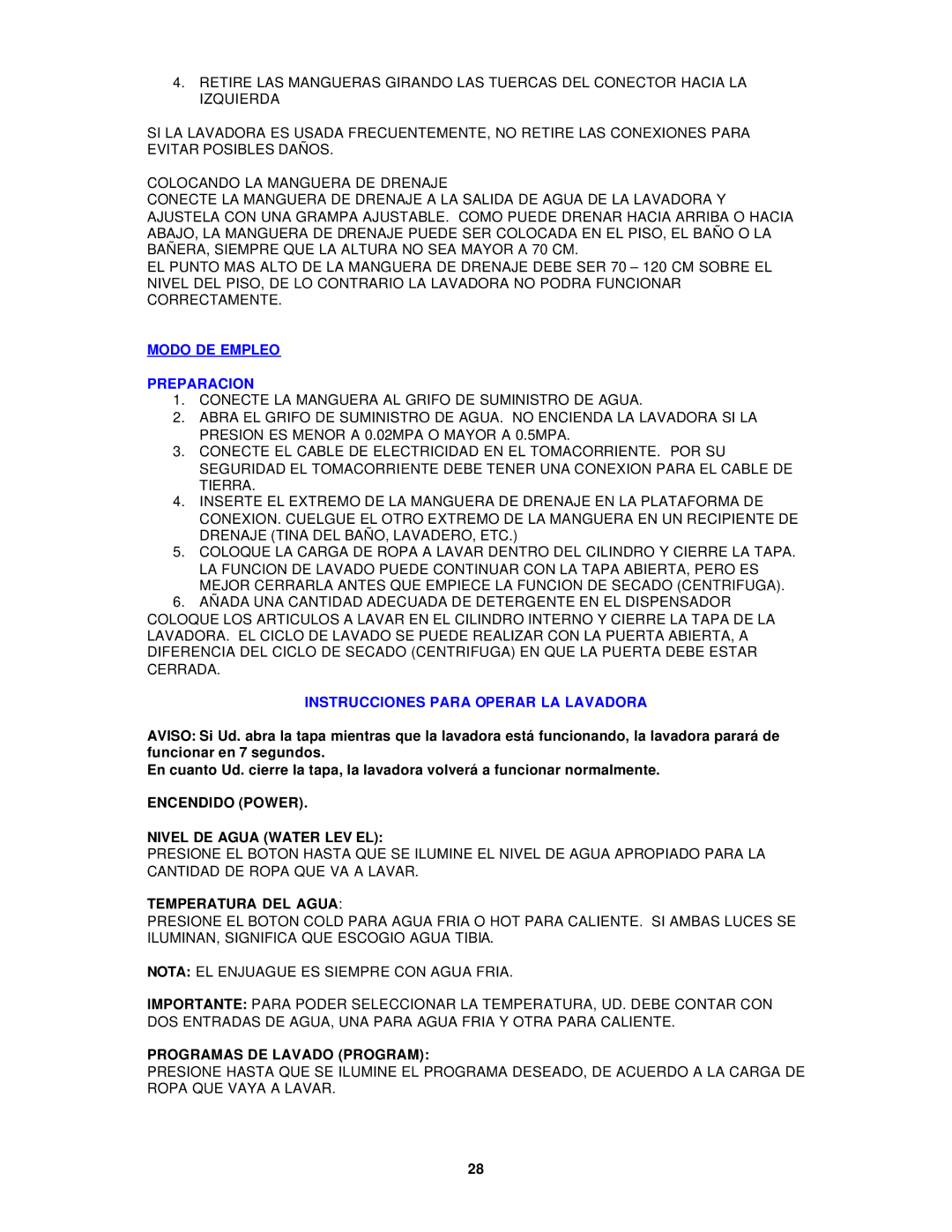 Avanti W798SS, W797 Modo DE Empleo Preparacion, Instrucciones Para Operar LA Lavadora, Temperatura DEL Agua 