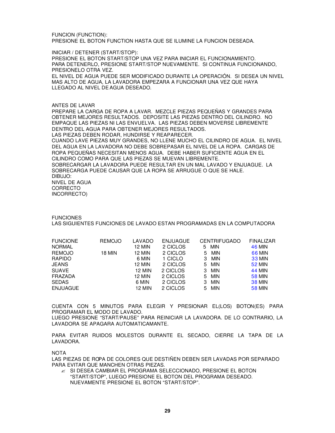 Avanti W797, W798SS instruction manual Ciclos MIN 