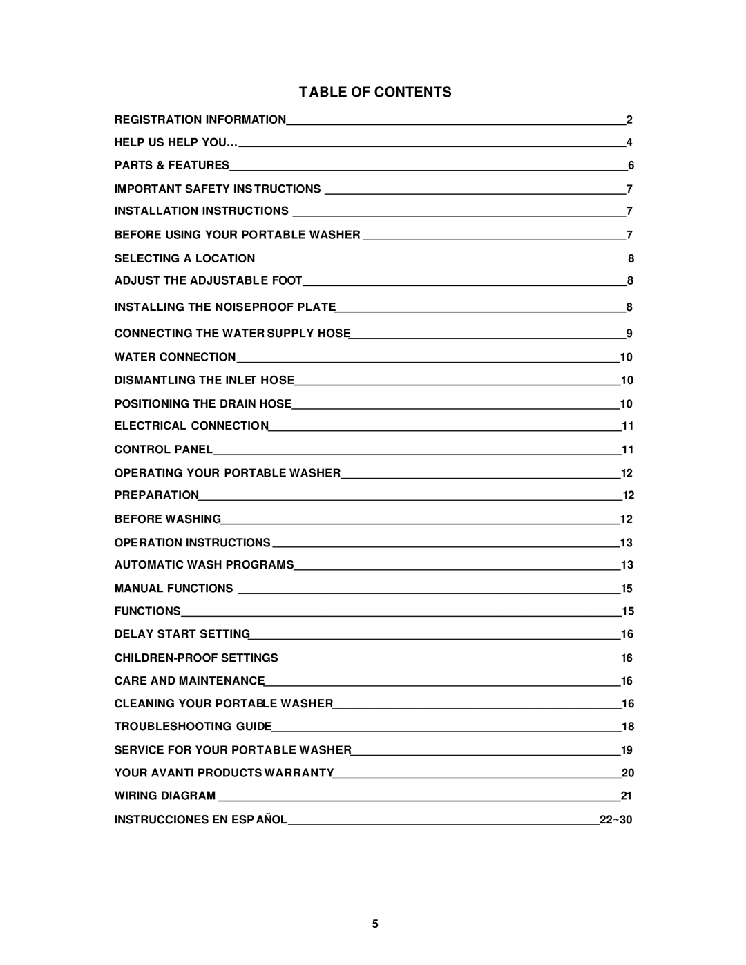 Avanti W797, W798SS instruction manual Table of Contents 