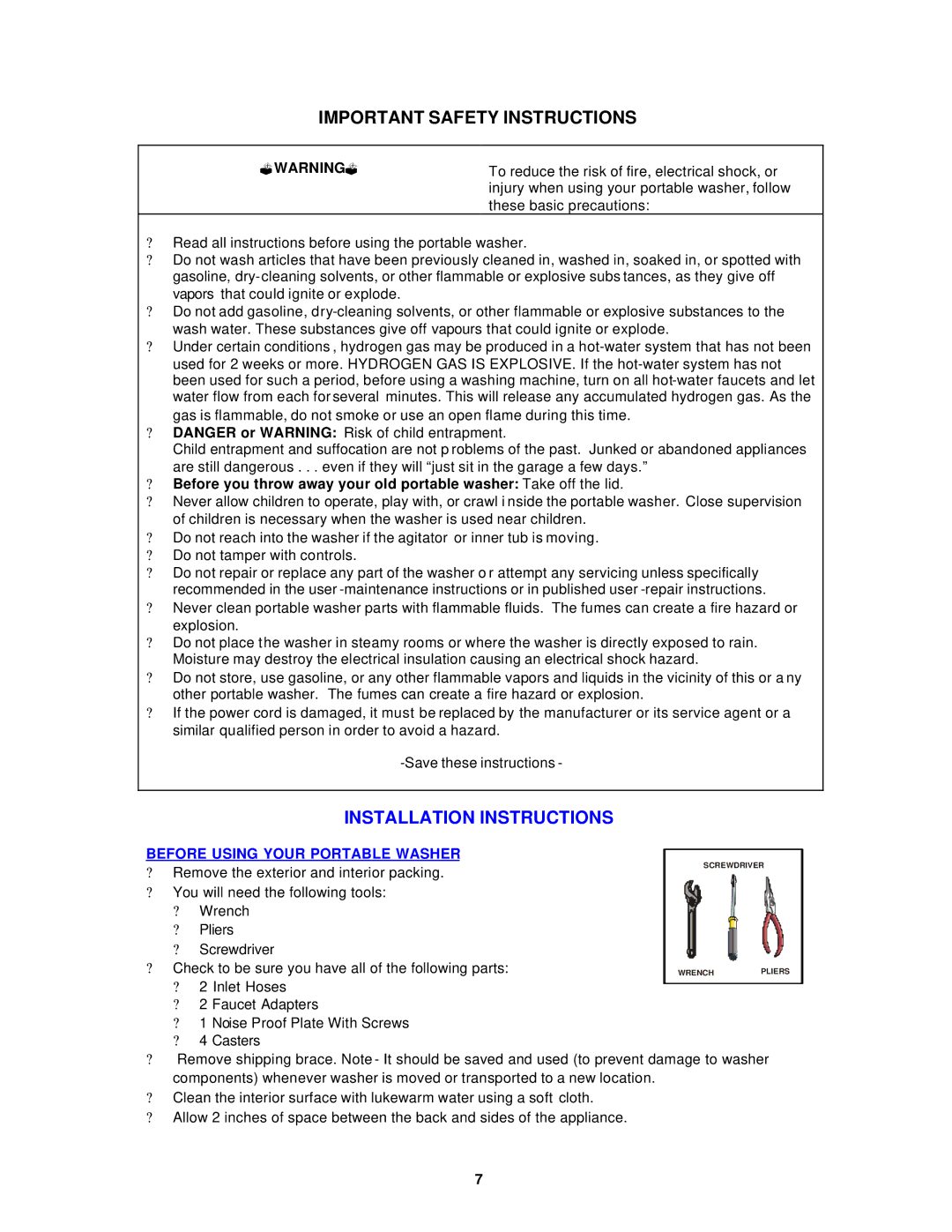 Avanti W797 Important Safety Instructions, Installation Instructions, ?Warning ?, Before Using Your Portable Washer 