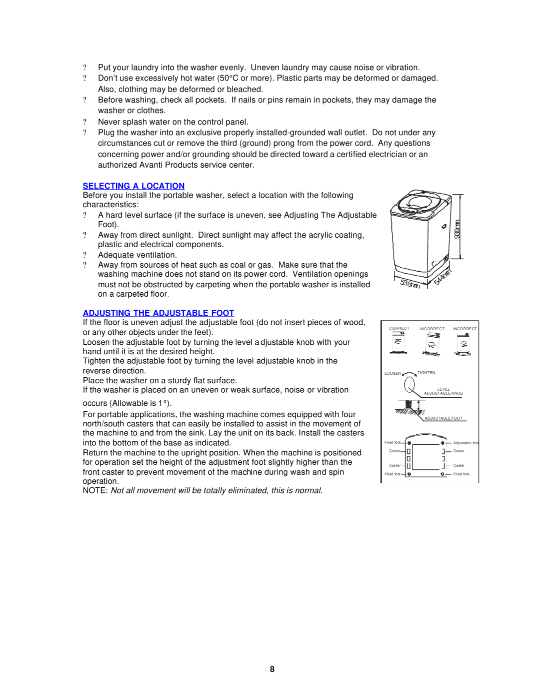 Avanti W798SS, W797 instruction manual Selecting a Location, Adjusting the Adjustable Foot 