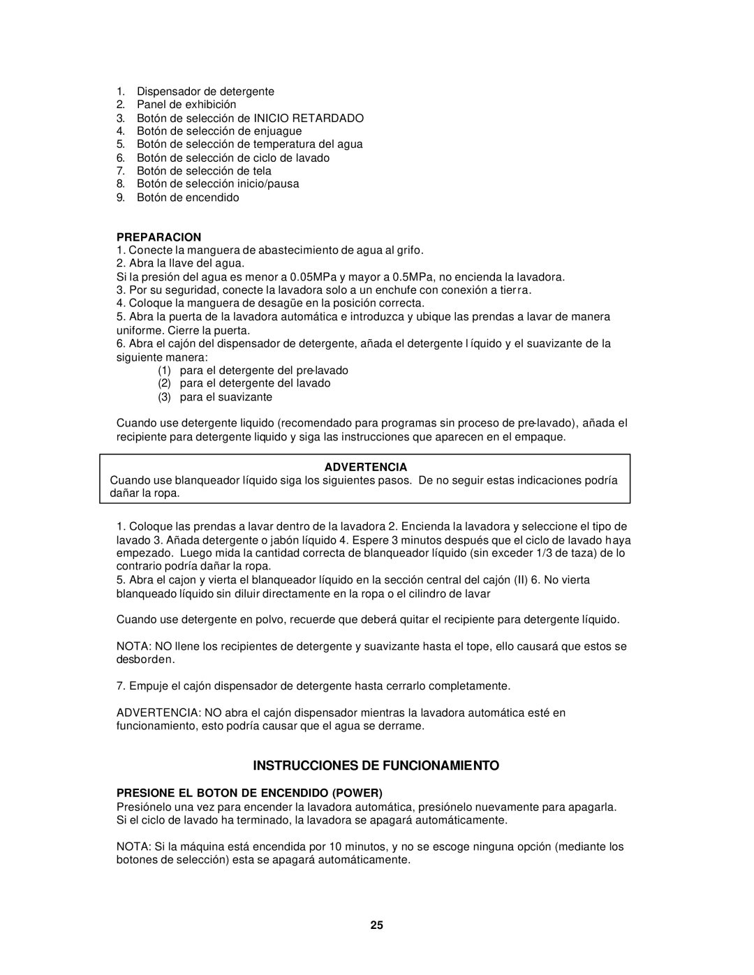 Avanti W892F instruction manual Preparacion, Advertencia, Presione EL Boton DE Encendido Power 