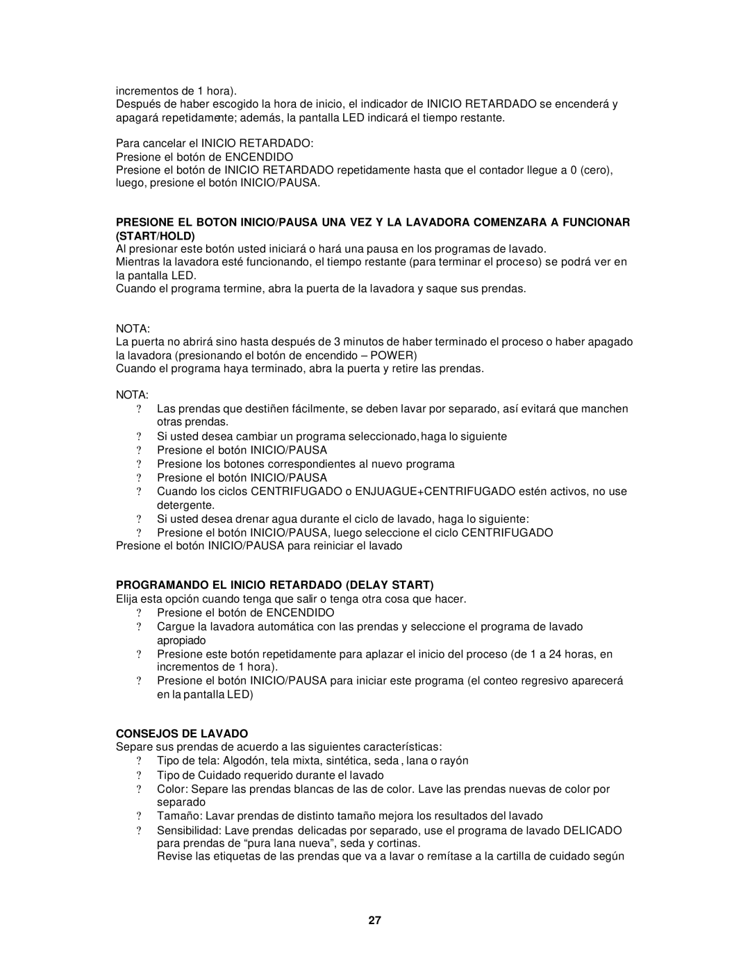 Avanti W892F instruction manual Nota, Programando EL Inicio Retardado Delay Start, Consejos DE Lavado 