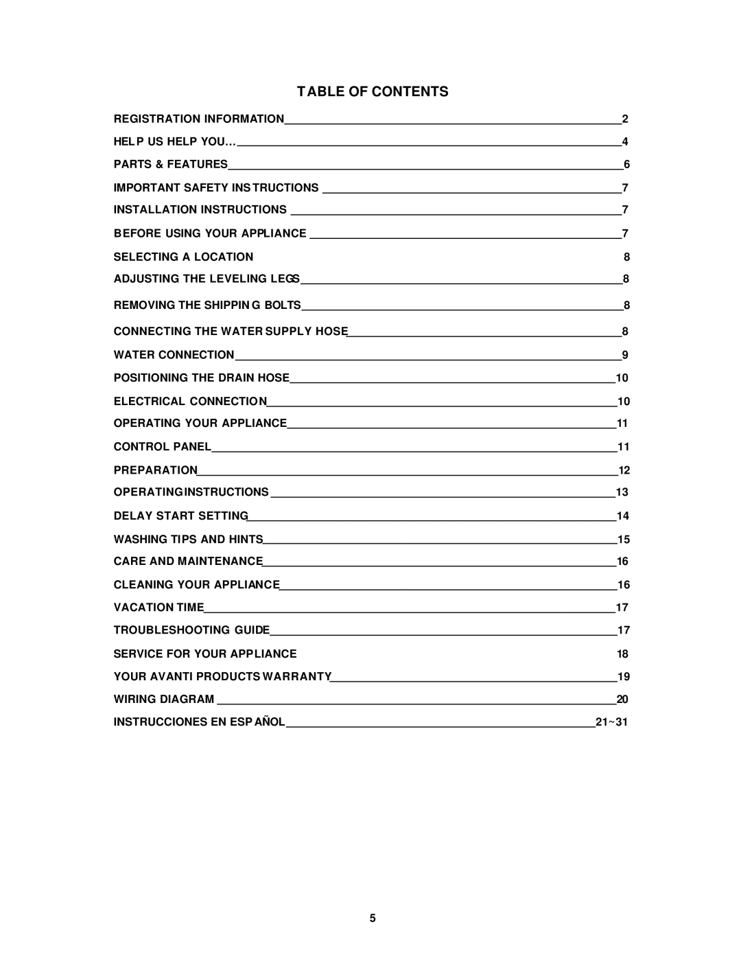 Avanti W892F instruction manual Table of Contents 